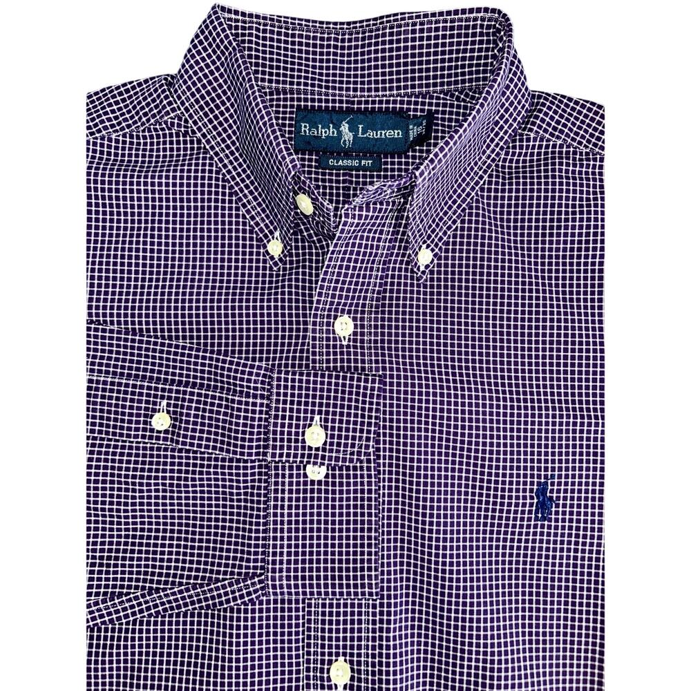 Ralph Lauren Classic Fit Vintage Y2K Purple Grid Plaid Shirt Men's 16 34/35